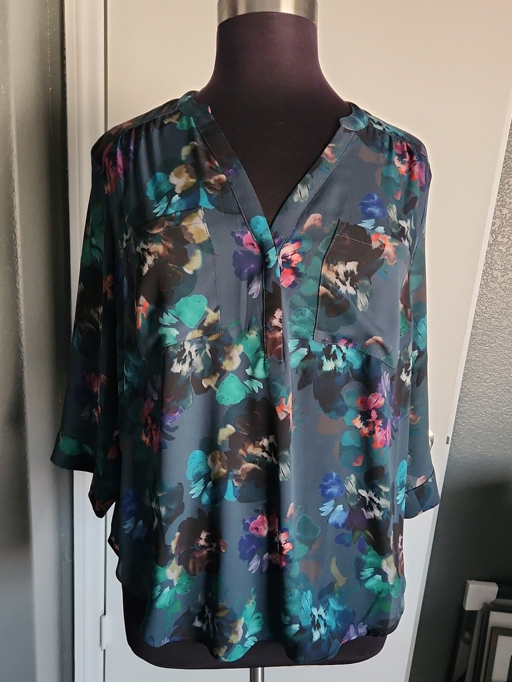torrid Dark Teal Floral Harper Blouse with Multicolor Blooms